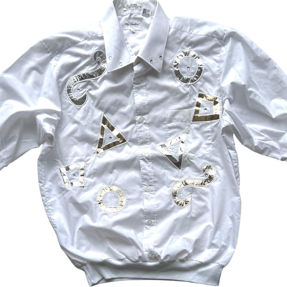 White Button-Up Blouse with Silver & Gold Geometric Appliqué